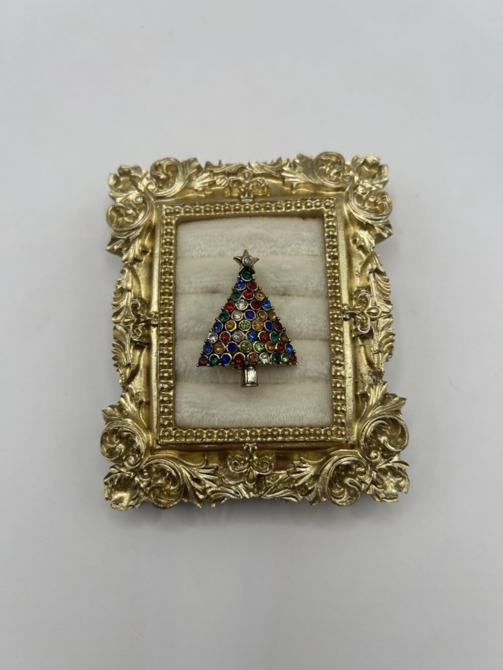Vintage Hollycraft Rhinestone Christmas Tree Brooch Multicolor Gold Tone